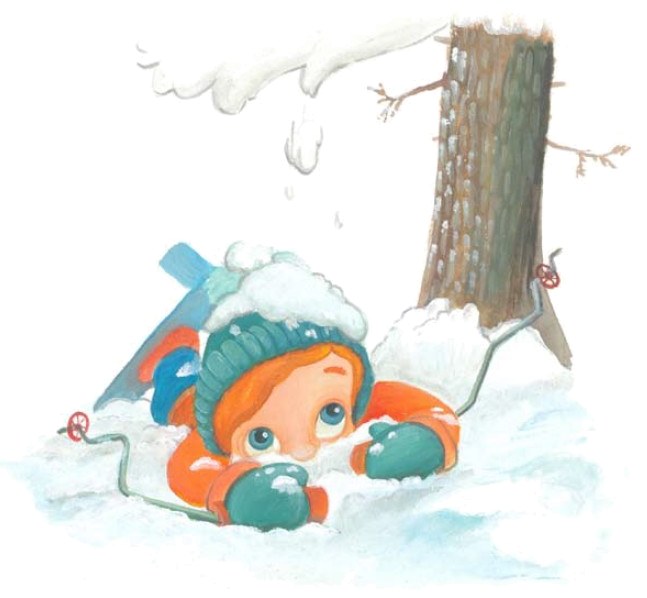 Ilustracija iz slikanice: Gruba v snegu pod drevesom